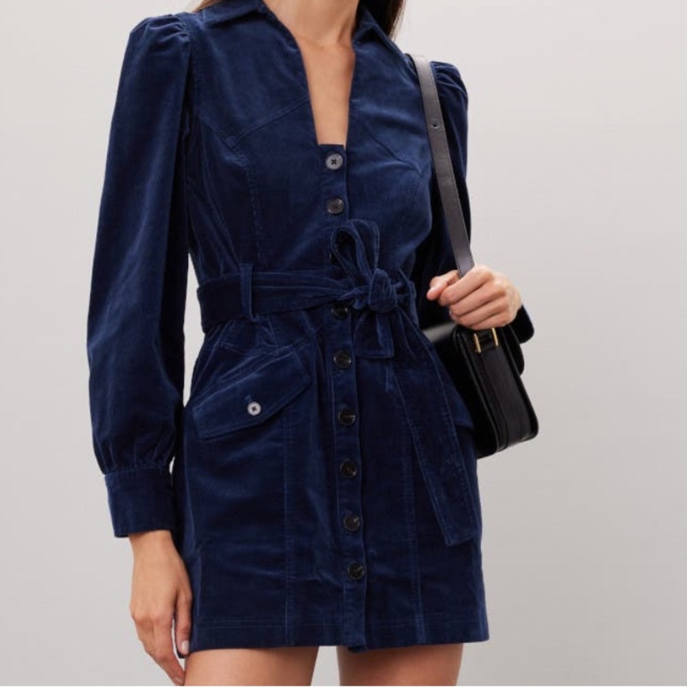 Marissa Webb Navy Blue Corduroy Belt Tie Waist Long Sleeve Mini Dress